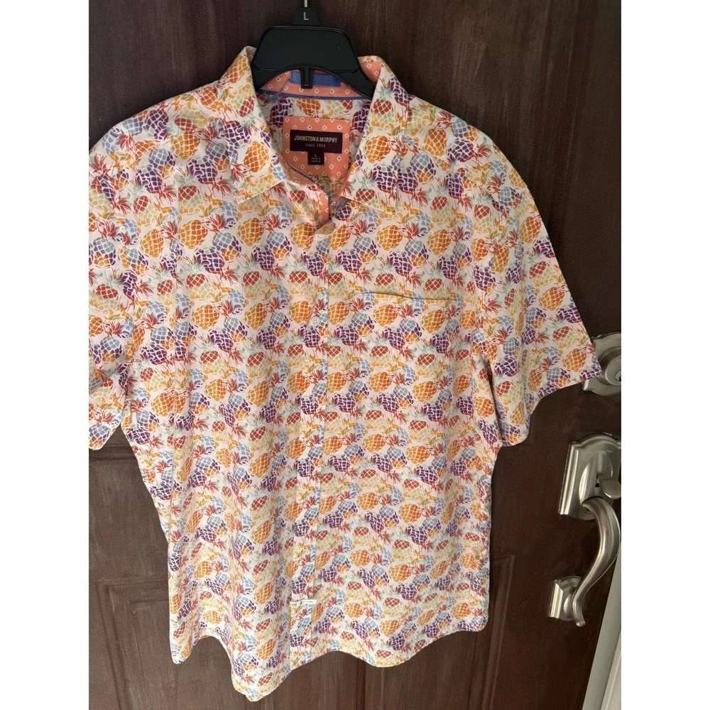 Johnston & Murphy Men L Pineapple Multicolor Button Up Short Slv Tropical Beach - Picture 6 of 9